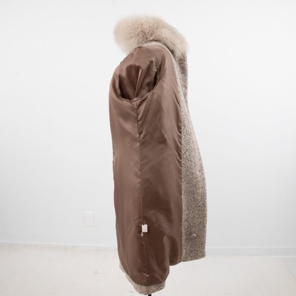 Vintage 90s M/L Fox Fur Collar Tweed Coat Tan - Picture 12 of 15